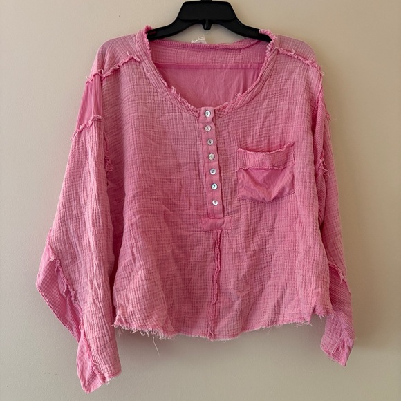 POL Tops - POL Pink Raw Hem Henley Button Front Distressed Gauze Top Size S